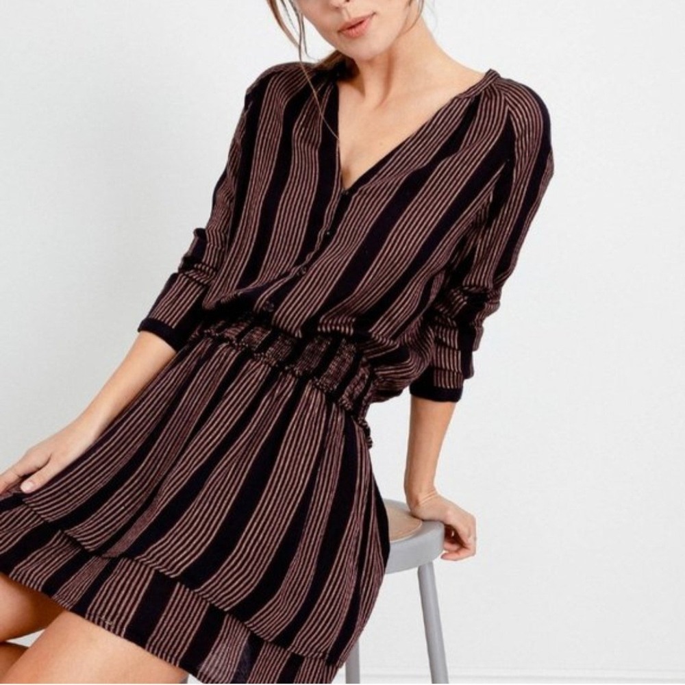 Rails Jasmine Midas Stripe Mini Dress Gold Metallic Smocked Waist S